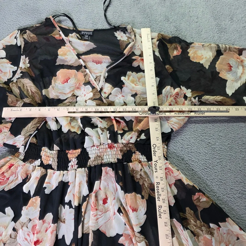 Enfocus Women 18W Maxi Dress Black Floral Smocked Waist Flutter Sleeve 913757